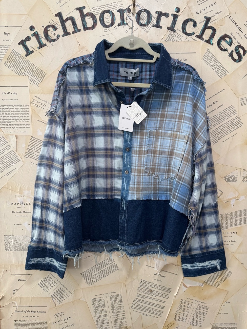 Free People The Tales Mixed Denim Flannel Button Down Plaid Frayed Blue - Picture 5 of 6